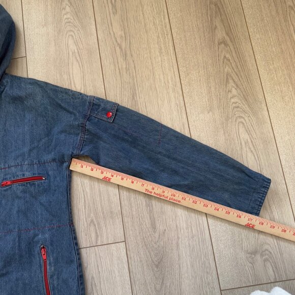 Vintage S.B.S Denim Hooded woman's Jacket With Plaid Lining & Red Accents - Picture 4 of 9
